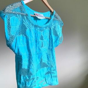 Vintage Cutout Knit Blue Embroidered Blouse Top